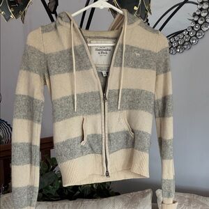 Abercrombie & Fitch Cream and Gray Striped Hooded Zip Cardigan